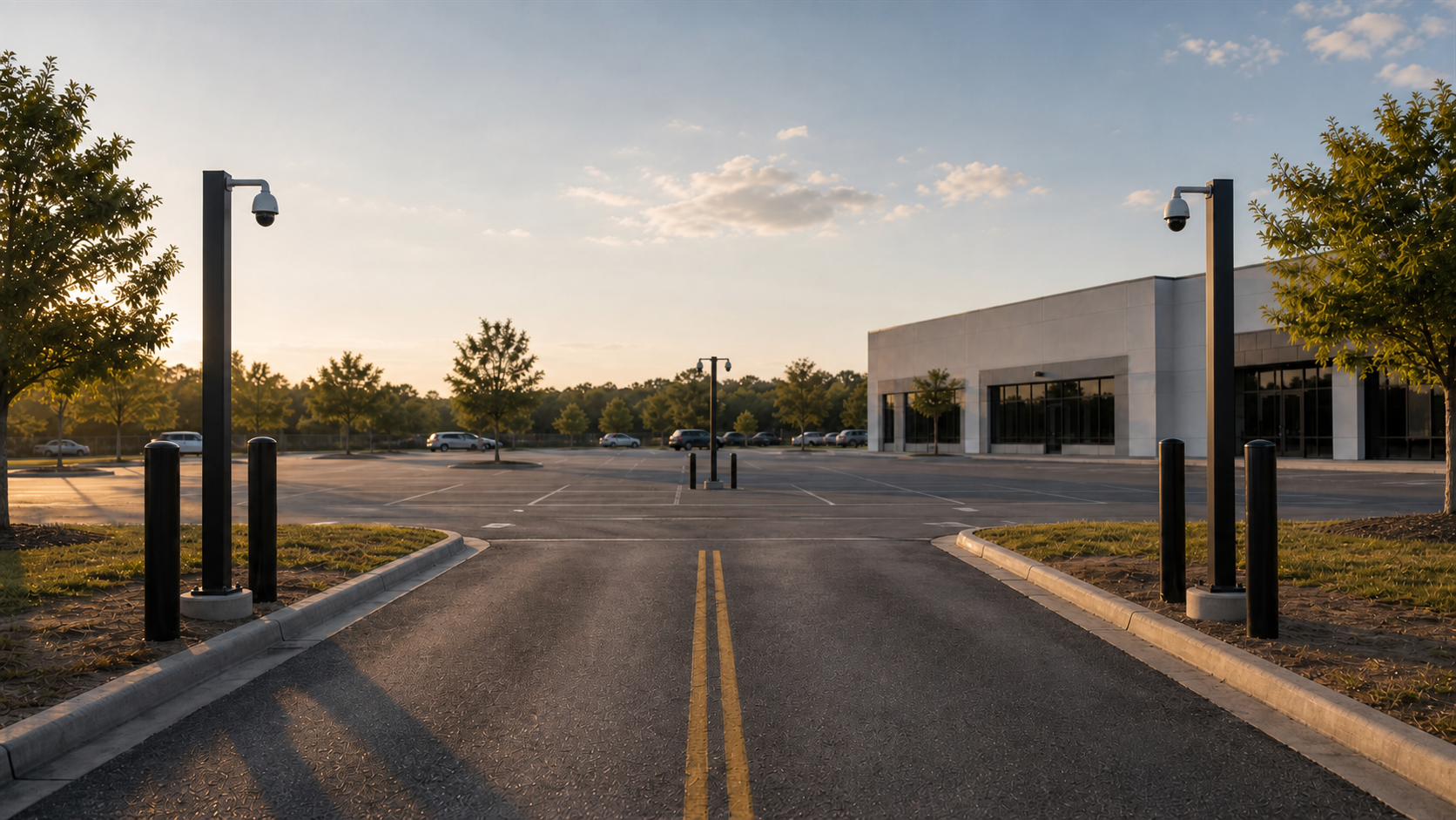 Commercial parking lot entrance with incoming, outgoing, and license plate recognition camera posts