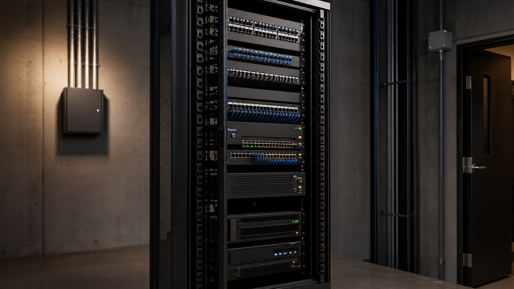 Organized commercial network and security equipment rack with structured cabling