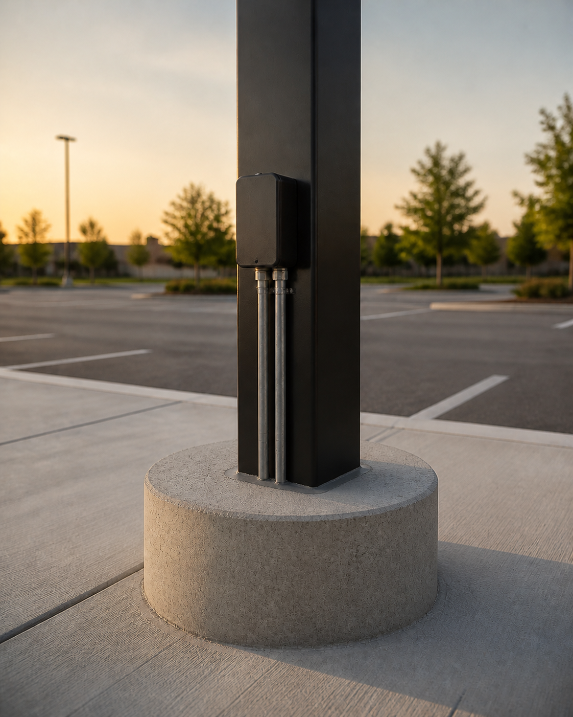 Commercial security equipment pole set directly into a poured concrete caisson